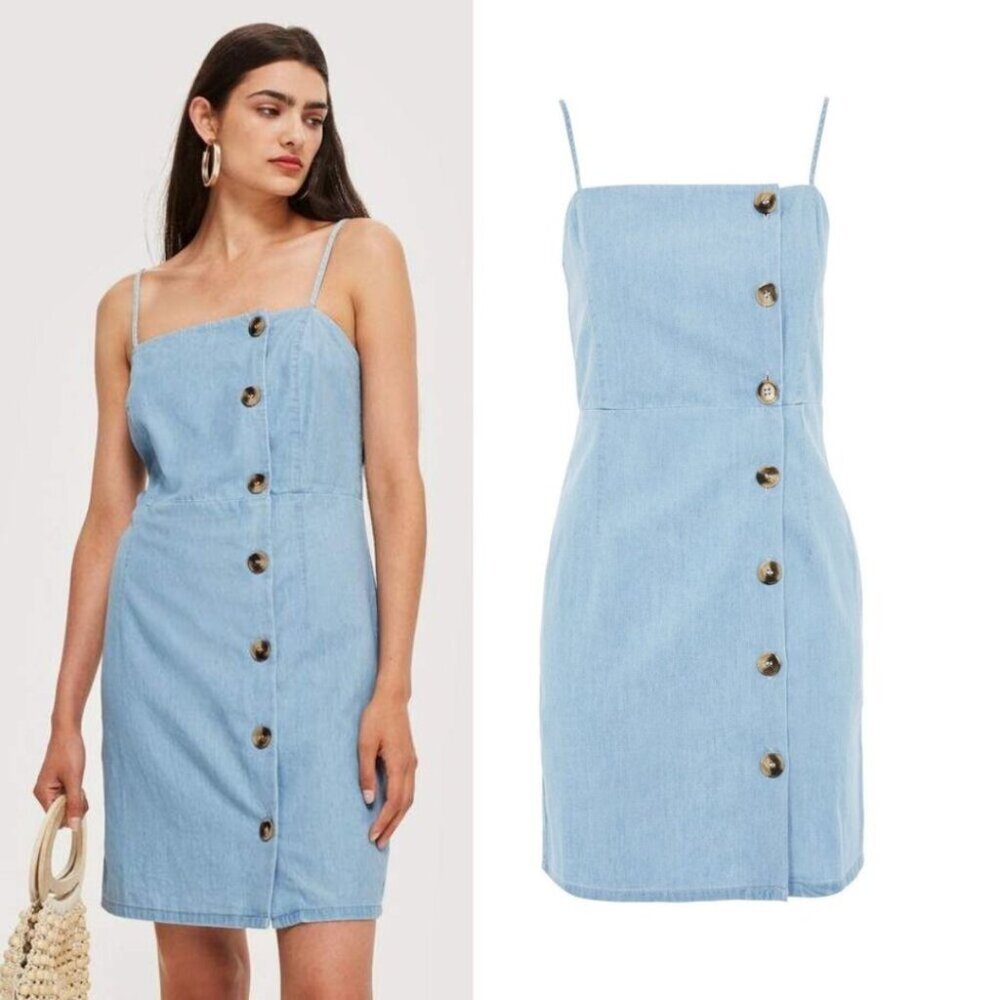 SOLD NWOT Topshop Asymmetric Button Denim Look Mini Dress 8P Blue - Picture 1 of 11